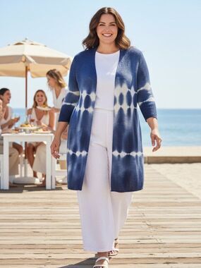 Torrid 1X Shibori Tie Dye Navy Open Front Longline Cardigan Duster Coastal Boho